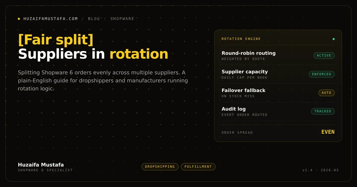 Diagram of Shopware 6 supplier rotation: order #42 routed to SUP_01 with four supplier nodes showing fill quotas around a central order