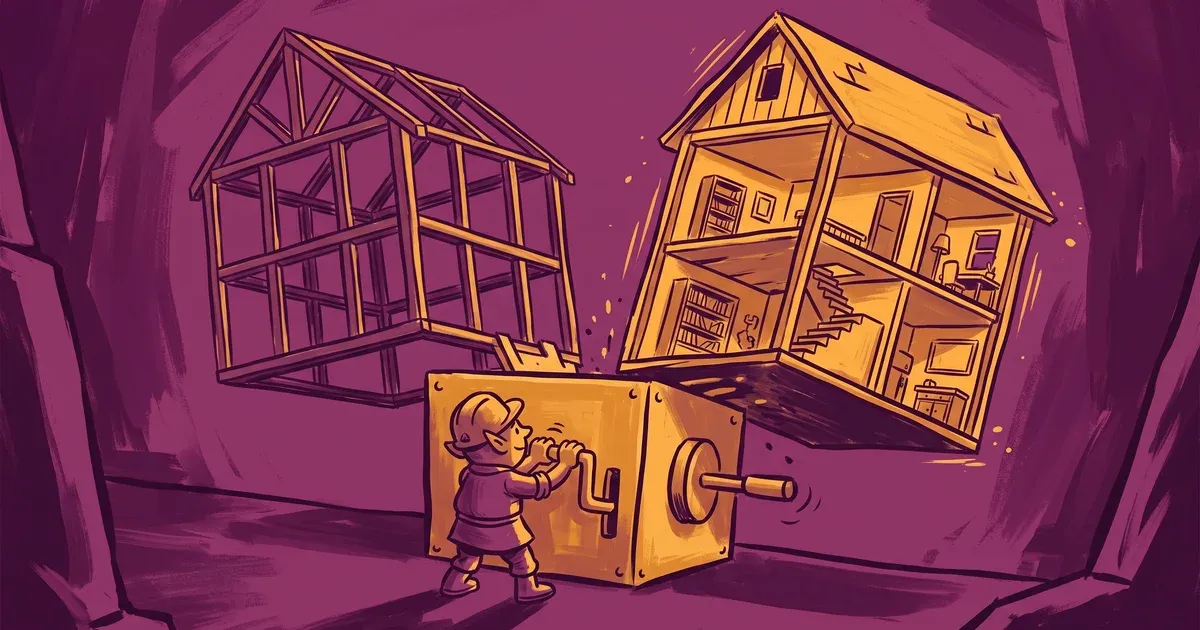 A builder cranks a machine that raises one bare house frame and one house furnishing itself as it rises